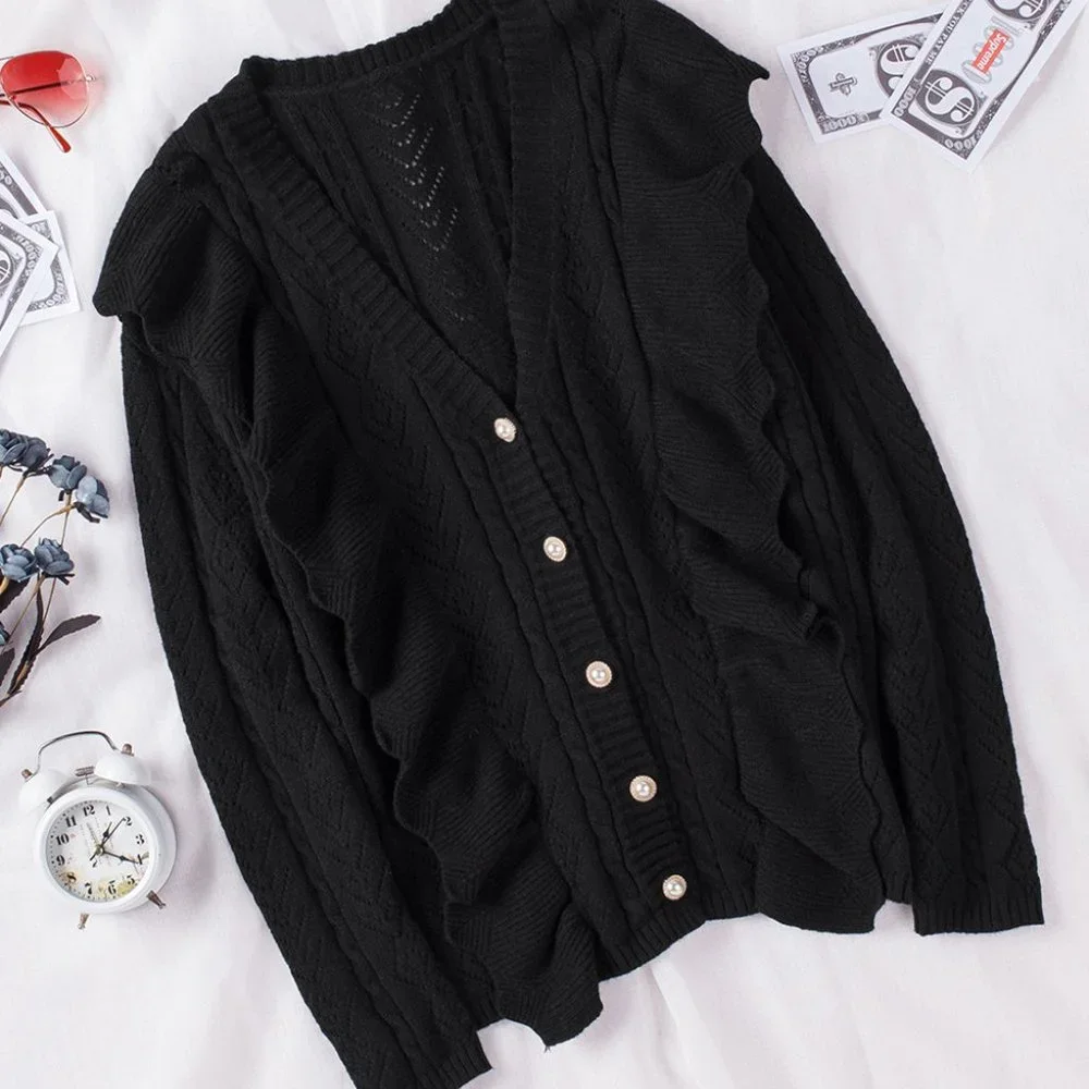 Black Ruffled Buttoned Open Front Knitted Sweater - Picture 7 of 16